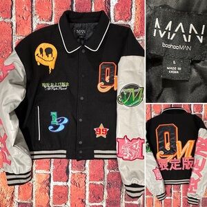 BOOHOOMAN VARSITY BOMBER JACKET SIZE LARGE GRAFFITI STREETWEAR SNAP COAT